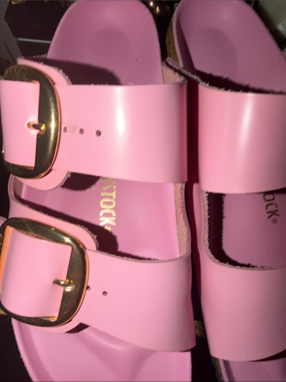 Birkenstock Pink Double Buckle Sandals with Gold Buckles - Picture 4 of 5